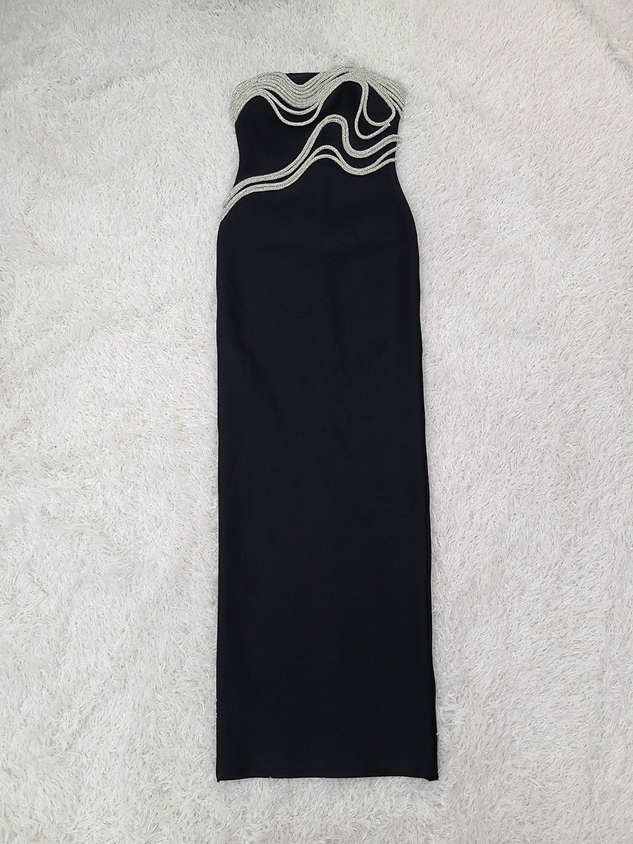 Karsyn Black Strapless Silver Wave Detail Bandage Maxi Dress