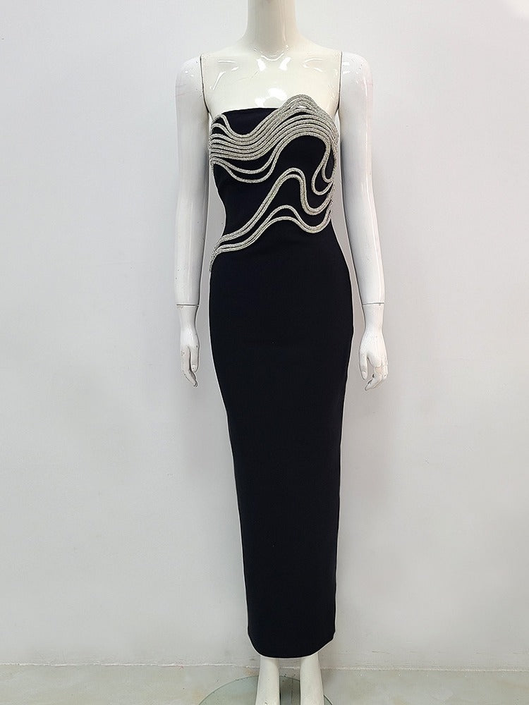 Karsyn Black Strapless Silver Wave Detail Bandage Maxi Dress