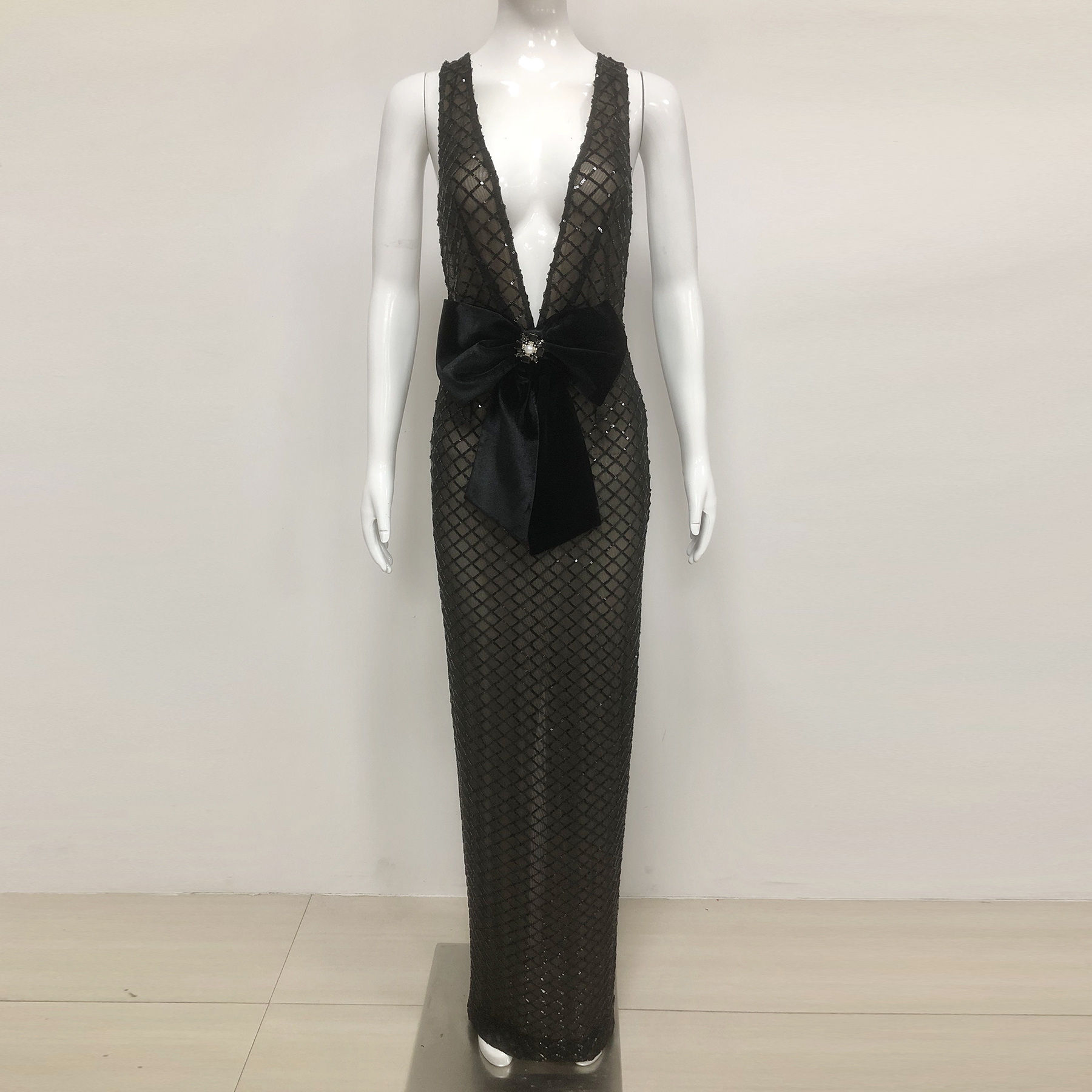 Miley Black & Nude Deep V Sequin Print Velvet Bow Front Maxi Dress