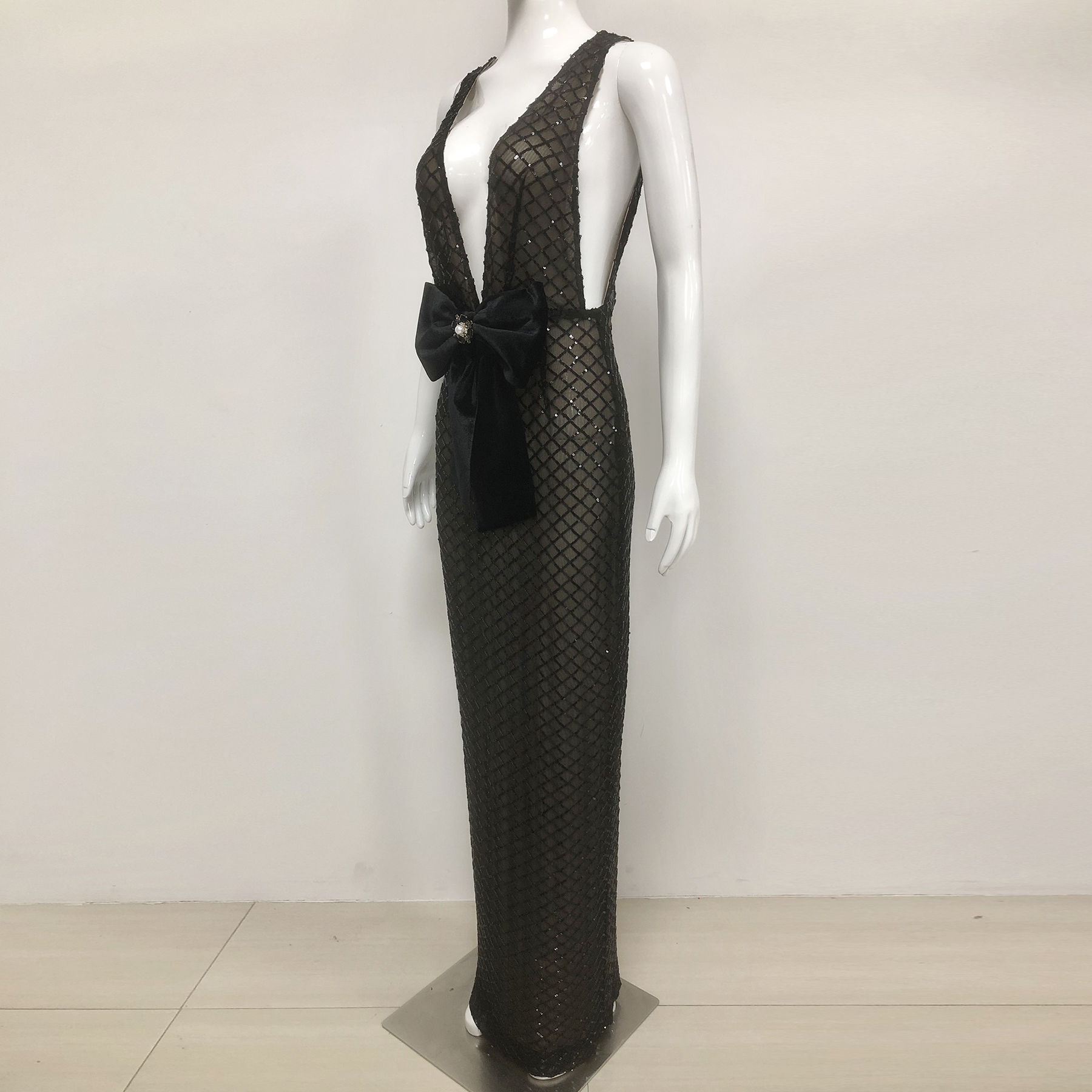 Miley Black & Nude Deep V Sequin Print Velvet Bow Front Maxi Dress