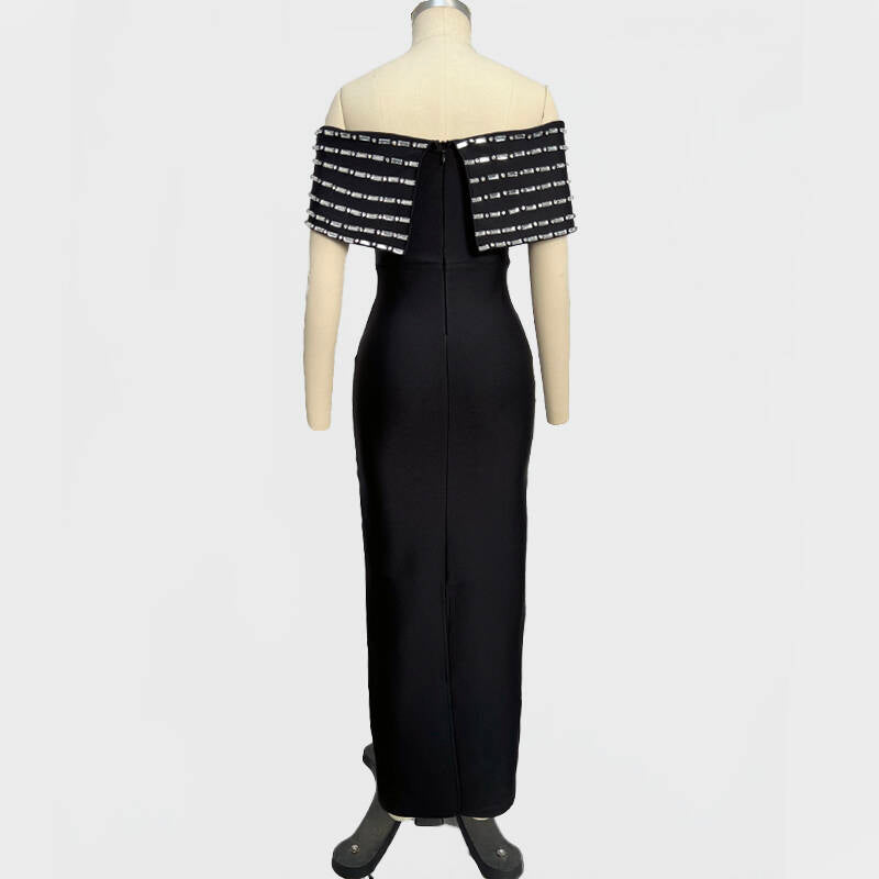 Rosabel Black Off Shoulder Crystal Detail Bandage Maxi Dress