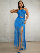 Mariah Blue Strappy Fringe Halter Crop Top and Fringe Maxi Skirt