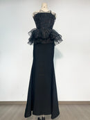 Aviva Black Strapless Organza Bodice and Peplum Bandage Maxi Skirt Dress