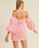 Hannah 3D Floral Appliqué Off Shoulder Puff Sleeve Mini Dress