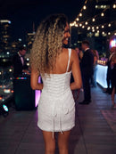 Avyn White Sleeveless Sequin Lace Up Corset Draped Waist Mini Dress