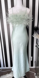 Chelsea Mint Sleeveless Feather Trim Satin Maxi Dress