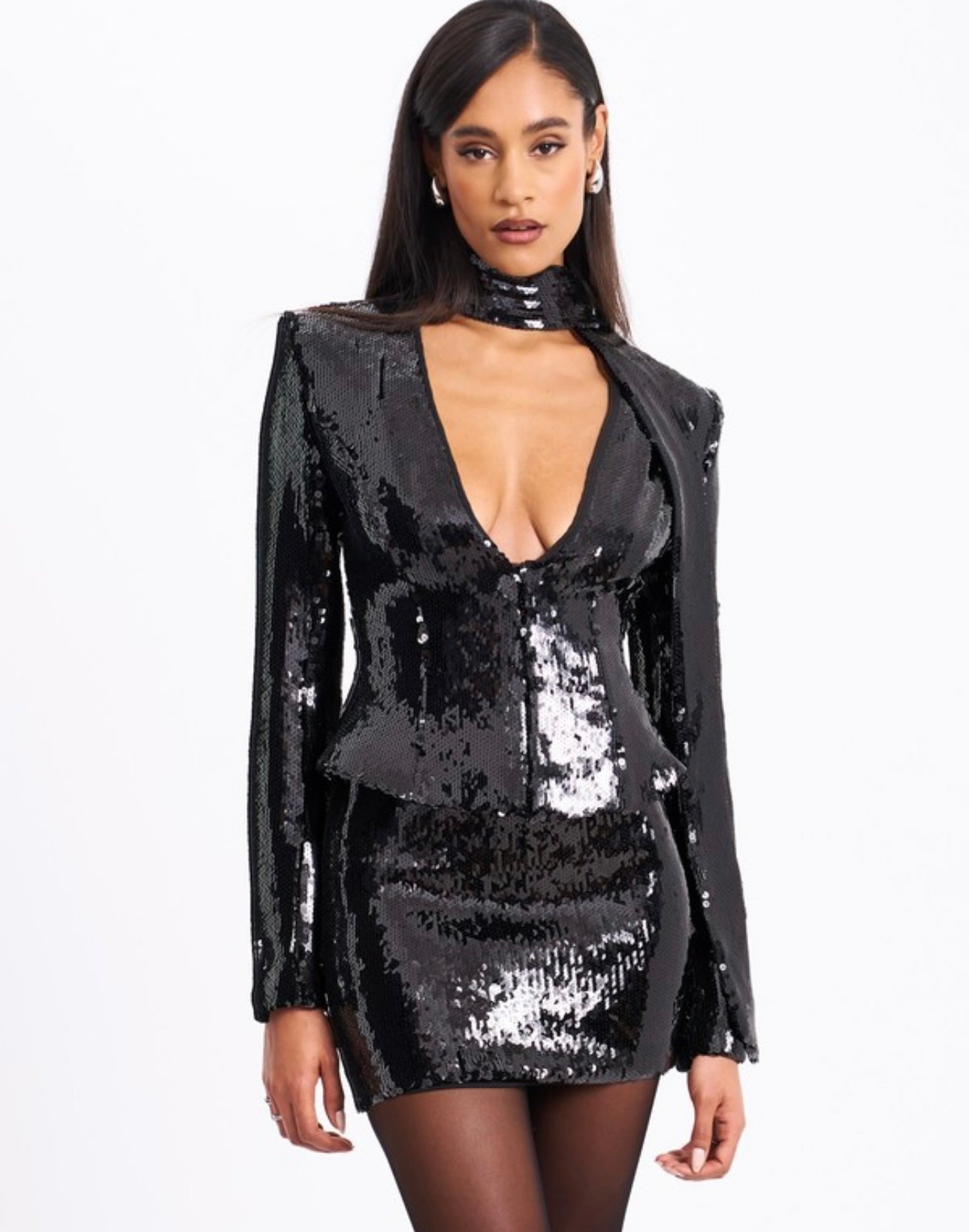 Saffron Black Sequin Deep V Top with Scarf and Mini Skirt Set