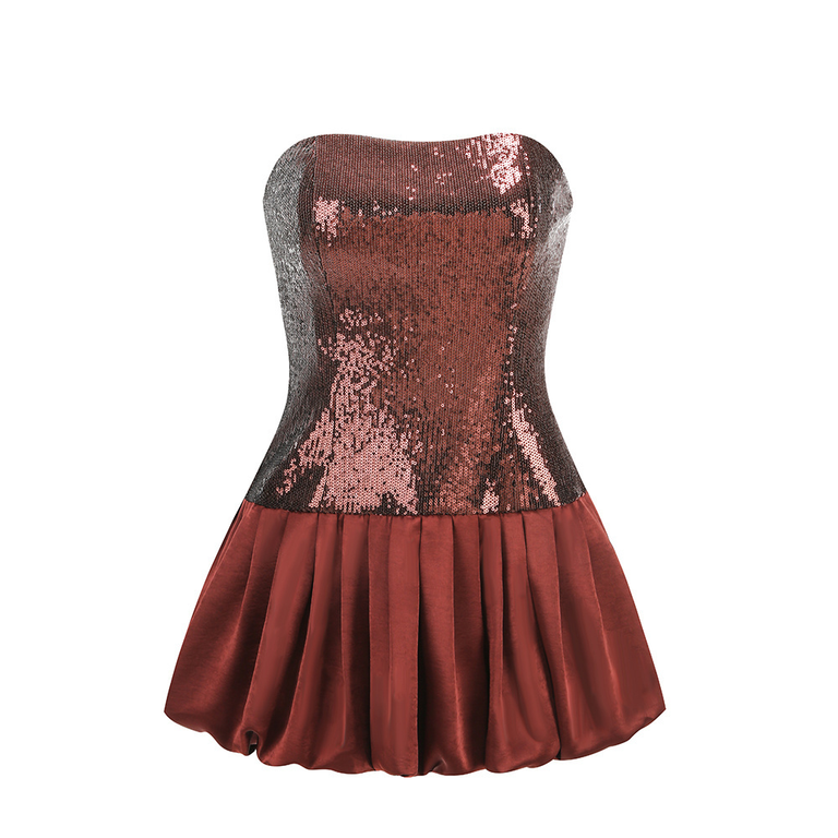 Marley Burgundy Brown Strapless Sequin Bodice Satin Ruffle Skirt Mini Dress
