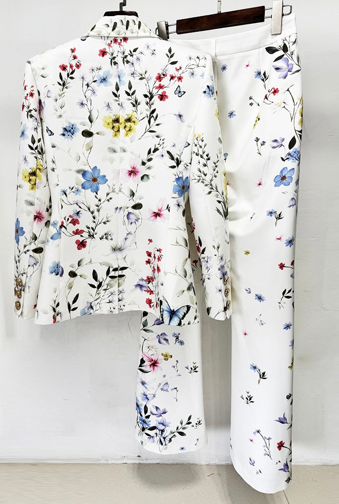 Chase White Floral and Butterfly Blazer and Pant Set