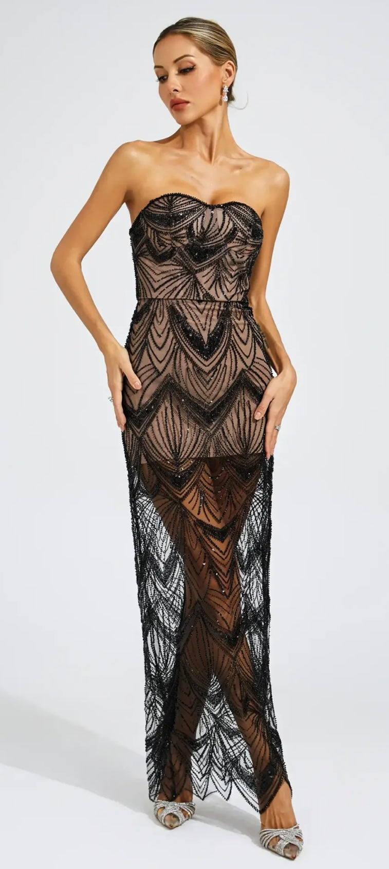 Jana Strapless Black Sequin Lace Maxi Dress with Nude Mini Dress Underlay