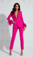 Cinda Rhinestone and Feather Embellished Blazer and Pant Set