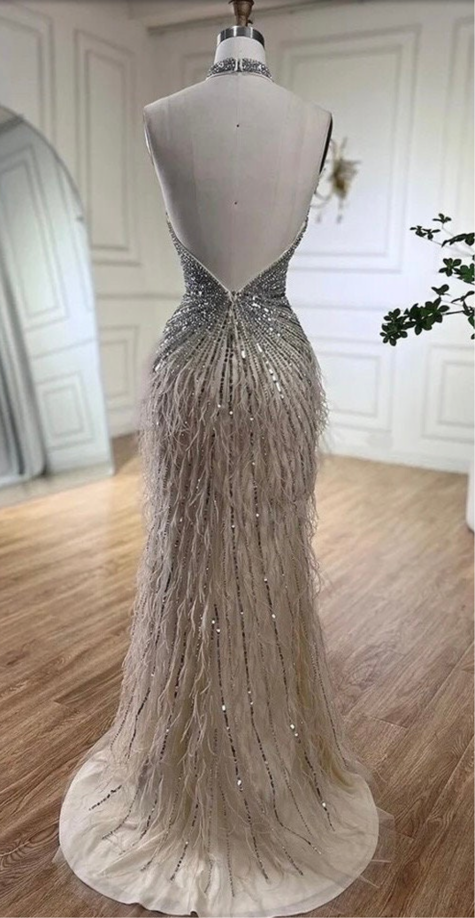 Felisa Bead and Feather Embellished Halter Gown