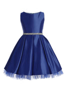 Asai Girls Pleated Satin Peekaboo Tulle Knee Length Dress with Jewel Belt