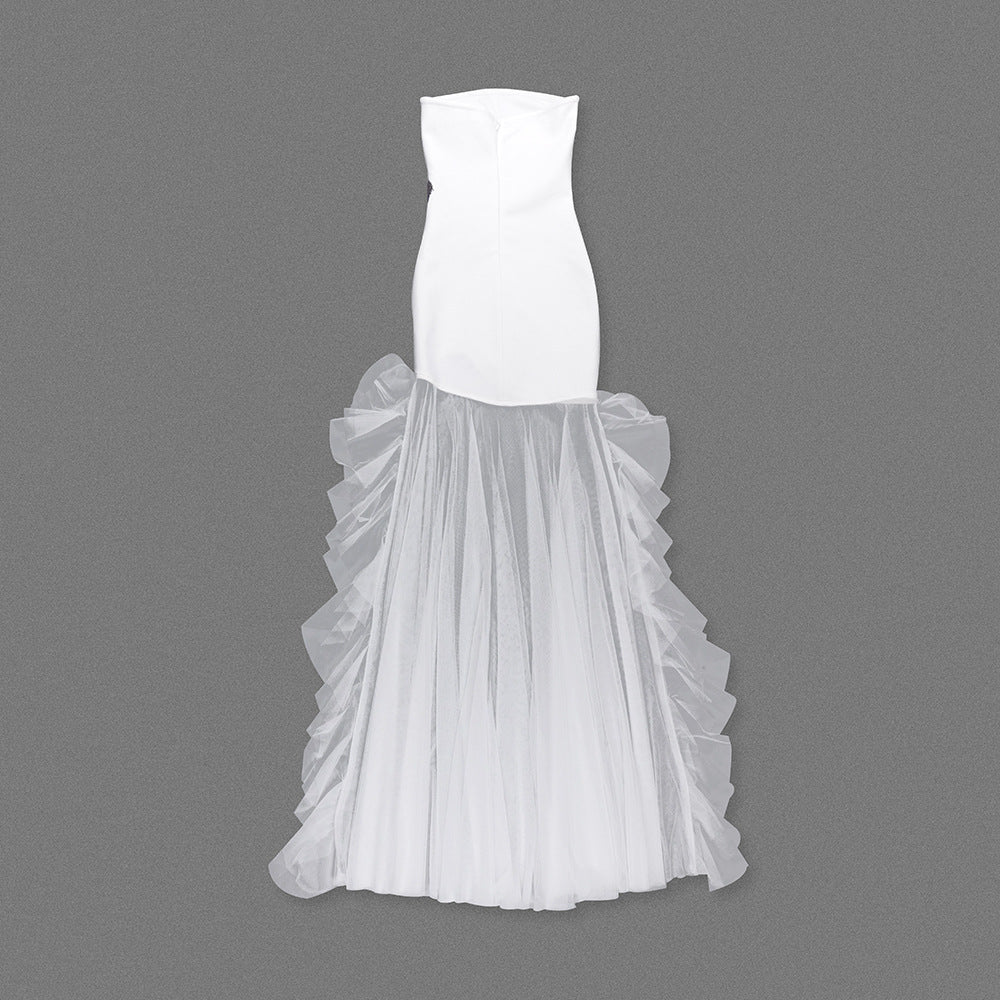 Chera Strapless Crystal Flower Embellishment on White Asymmetrical Hem Mini Dress with Tulle Draped Train