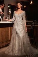 Maci 3/4 Sleeve Beaded Gown with Detachable Overskirt