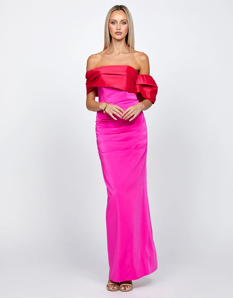 Ella Red Draped Off Shoulder Pink Gown