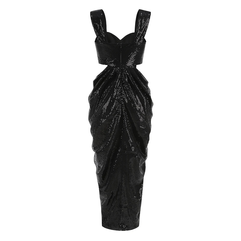 Galia Rose Detail Black Side Cut Out Sequin Draped Front Slit Maxi Dress