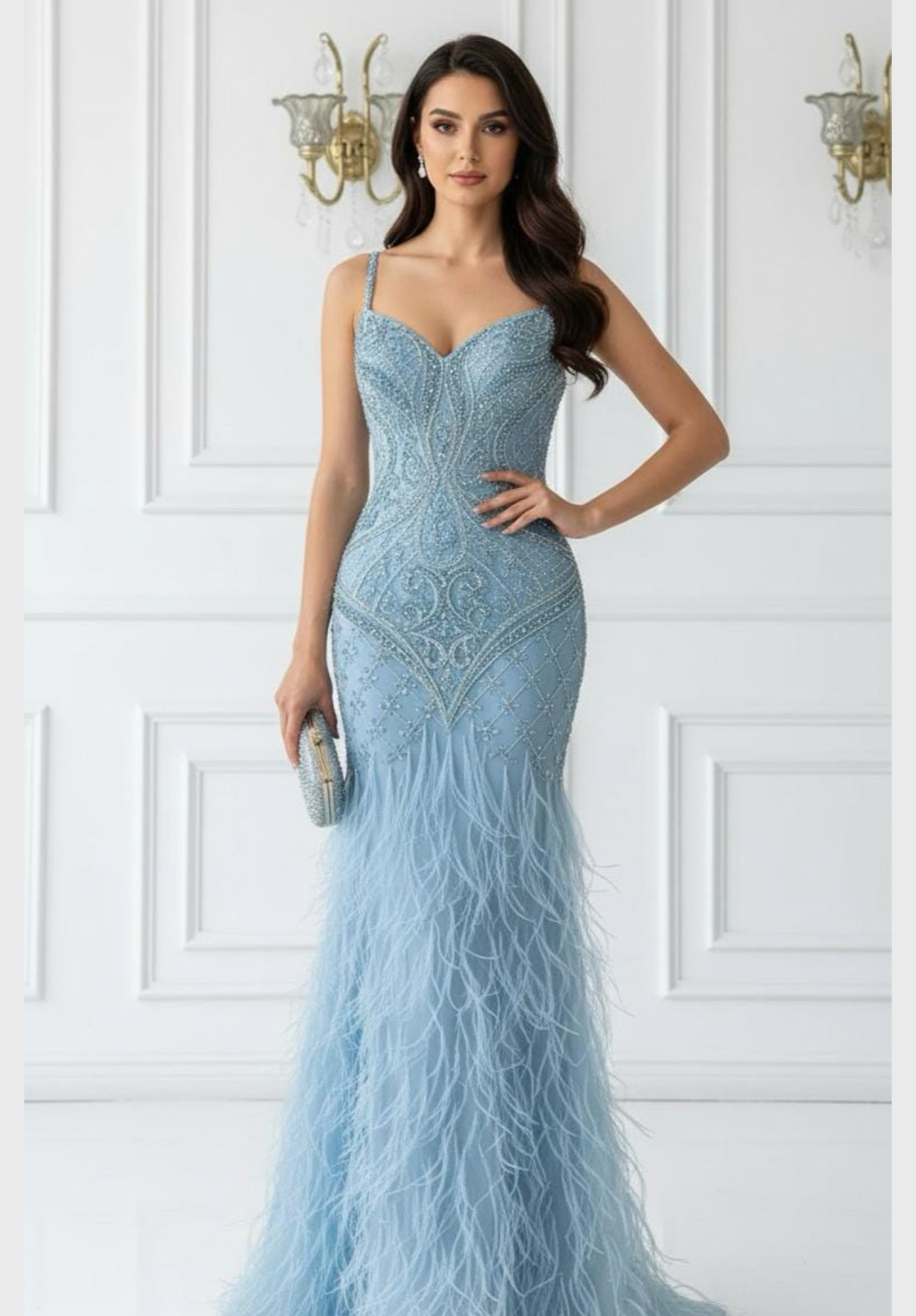Odeya Blue Beaded Feather Embellished Mermaid Gown
