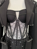 Teagan Strapless Sequin Crystal Embellished Mesh Corset Romper with Rhinestone Trim Cutout Blazer