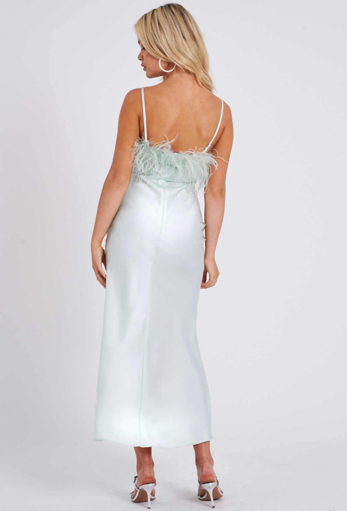 Chelsea Mint Sleeveless Feather Trim Satin Maxi Dress