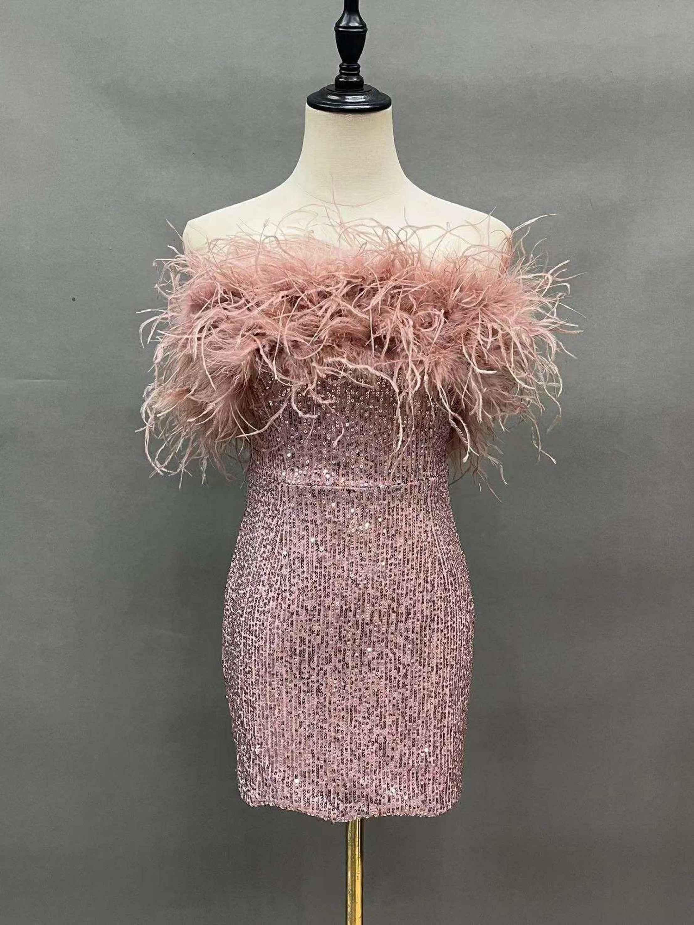 Devin Blush Sequin Mini Dress with Feather Trim