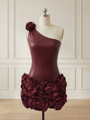 Emileigh Burgundy Faux Leather One Shoulder 3D Flower Mini Dress