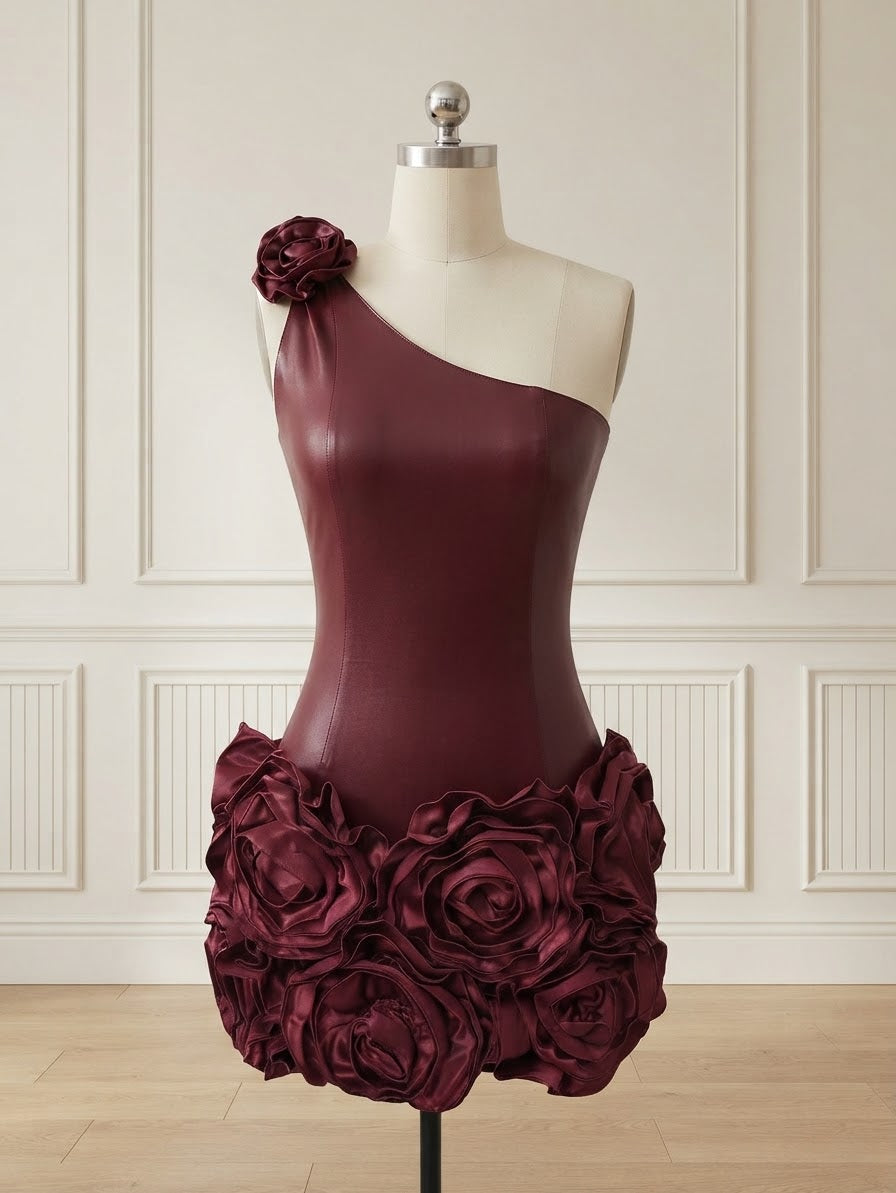 Emileigh Burgundy Faux Leather One Shoulder 3D Flower Mini Dress
