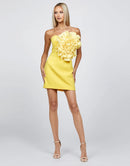 Ania Strapless Yellow Large3D Floral Appliqué Mini Dress