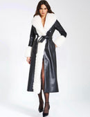 Nina Black Faux Leather Trench Coat with White Faux Fur Trim