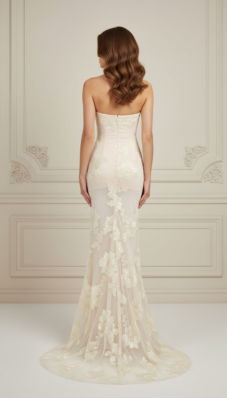 Chantal Ivory Strapless Floral Embroidered Maxi Dress with Train