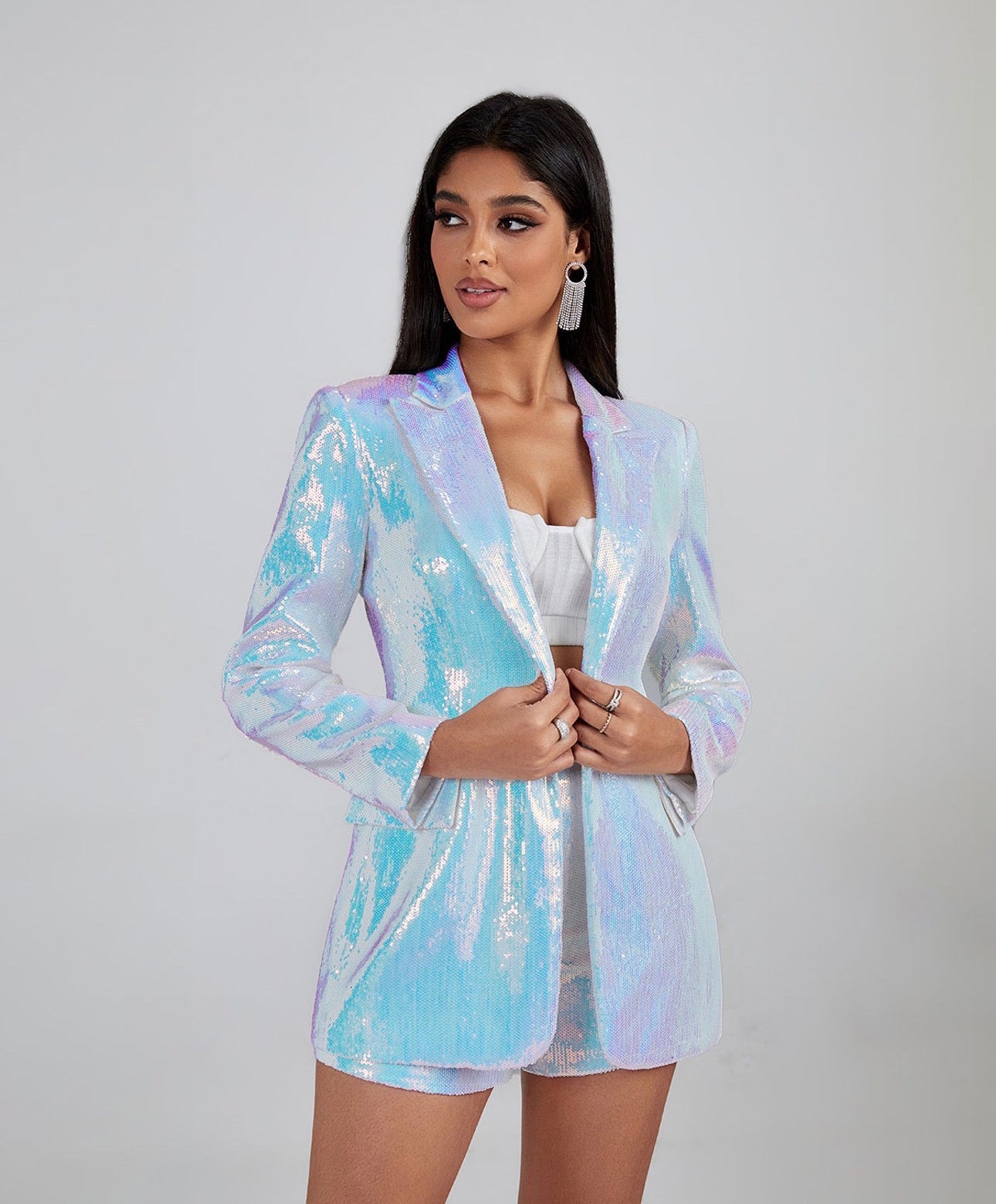 Rhylyn Silver Sequin Blazer and Short Set