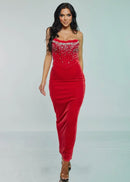 Kristiana Strapless Rhinestone Embellished Bodice Velvet Maxi Dress