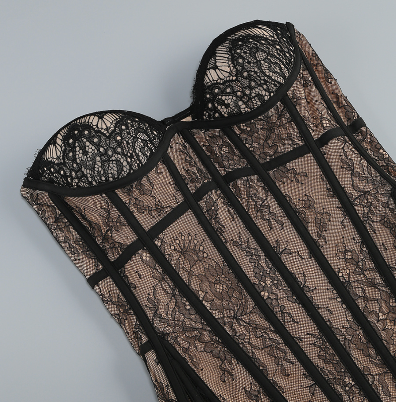 Harlett Strapless Sweetheart Neck Black Lace Nude Lining Maxi Train Dress