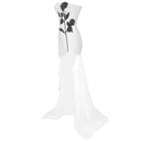 Chera Strapless Crystal Flower Embellishment on White Asymmetrical Hem Mini Dress with Tulle Draped Train