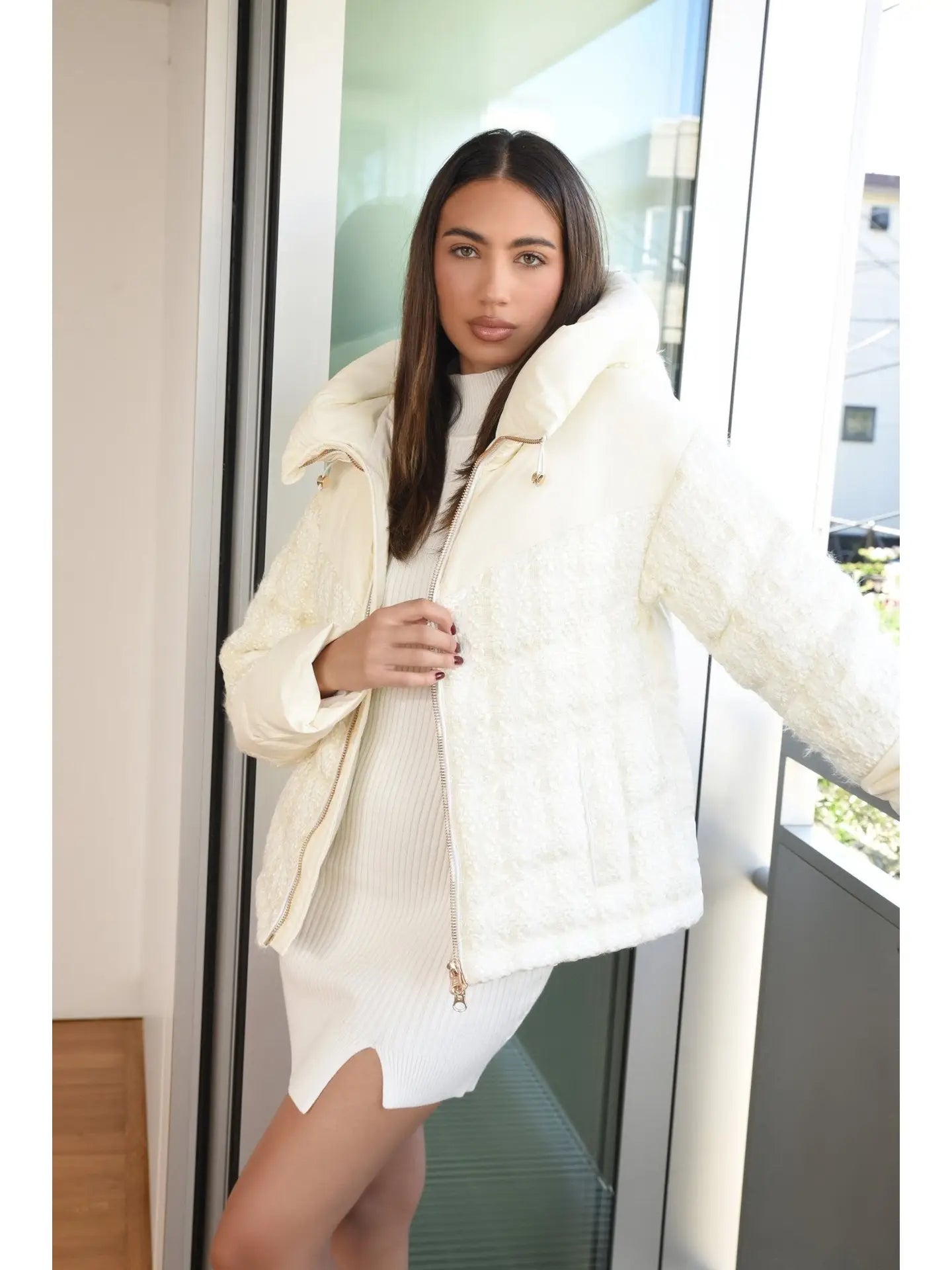 Mishi Boucle Down Filled Puffer Coat with Gold Trim