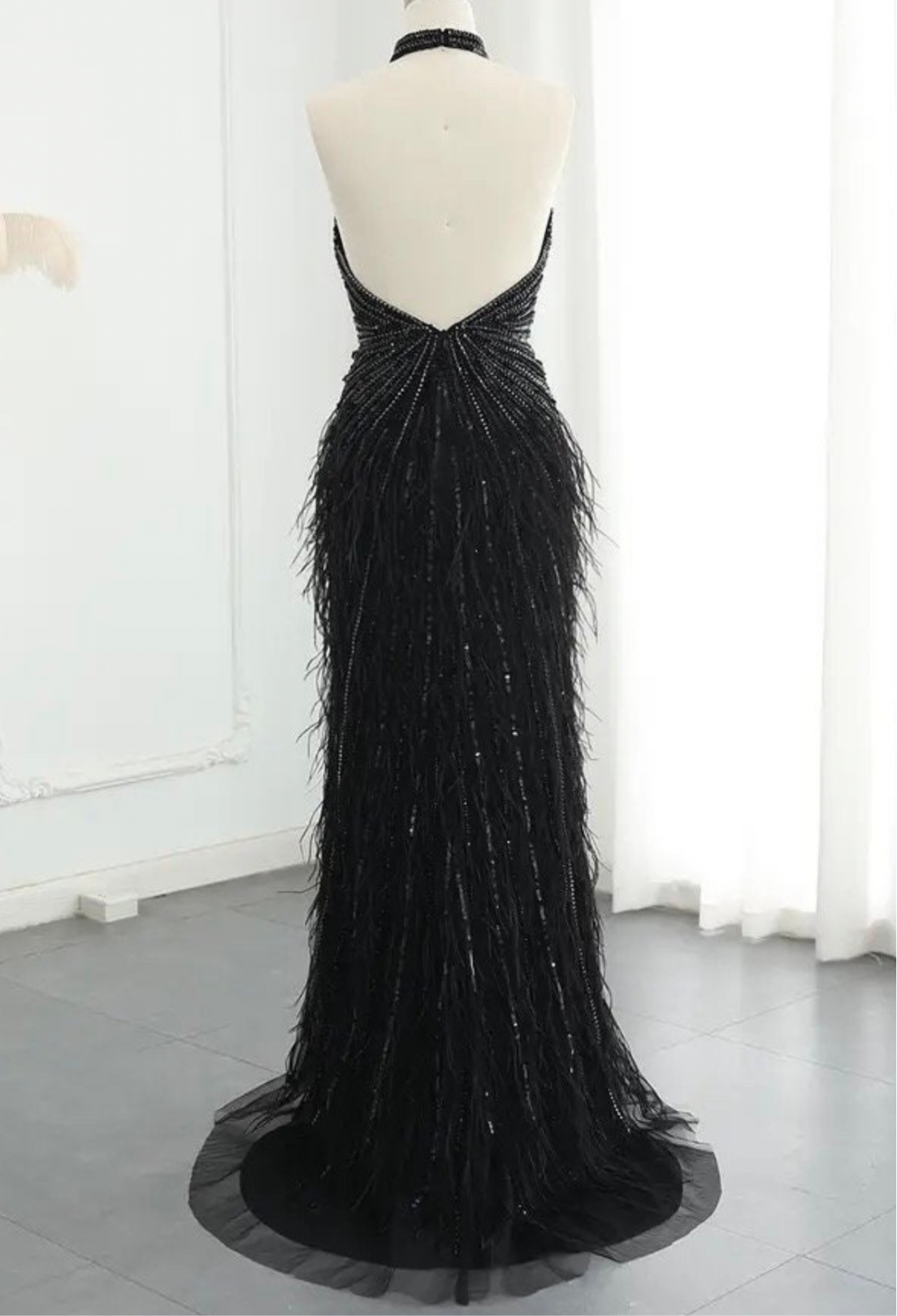 Felisa Bead and Feather Embellished Halter Gown