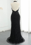 Felisa Bead and Feather Embellished Halter Gown