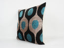 Handmade- Teal, Black, Beige Ikat Silk/Velvet Pillowcase 20"x20"