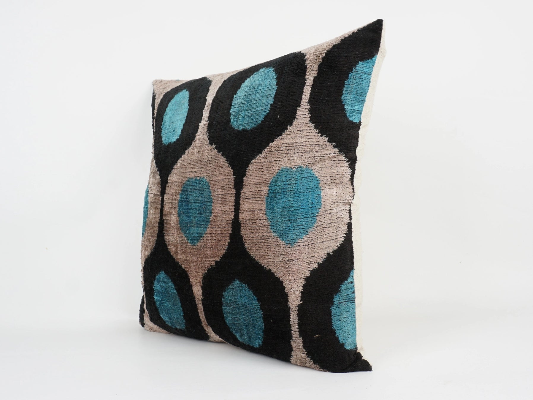 Handmade- Teal, Black, Beige Ikat Silk/Velvet Pillowcase 20"x20"