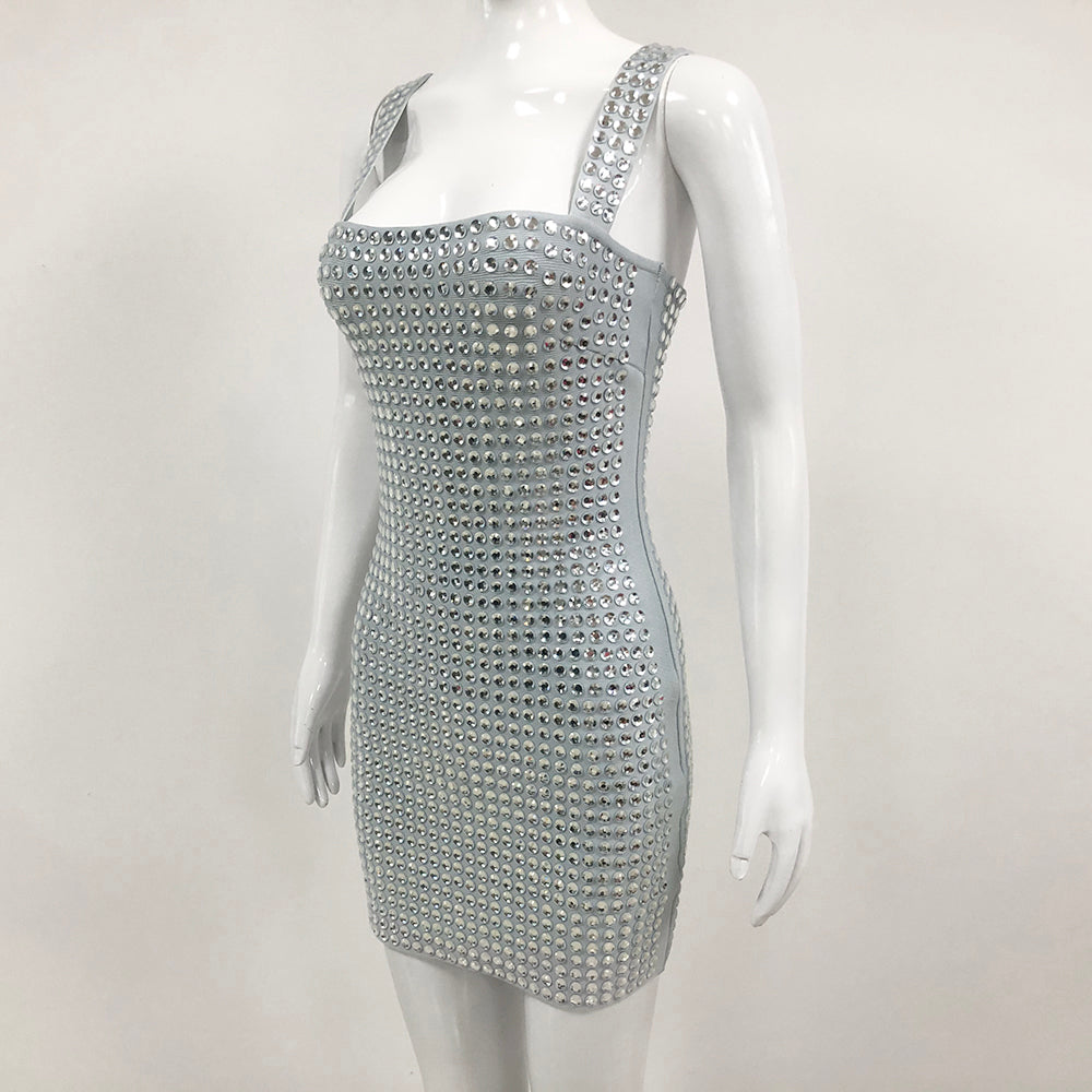 Aniah Silver Gray Crystal Embellished Sleeveless Mini Dress