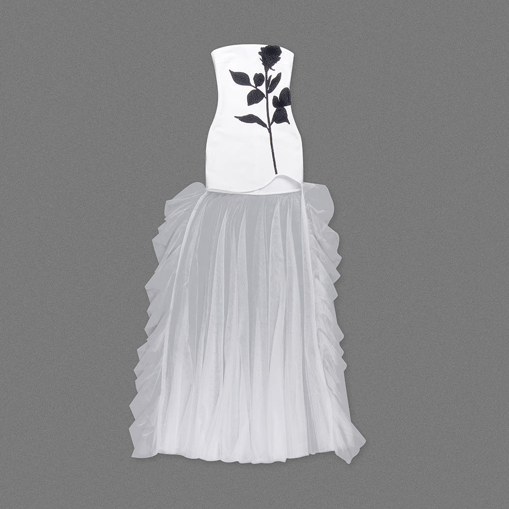 Chera Strapless Crystal Flower Embellishment on White Asymmetrical Hem Mini Dress with Tulle Draped Train