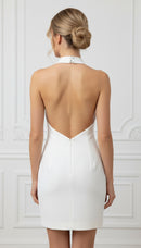 Nessa White Halter Rhinestone Pearl Embellished Open Back Mock Pockets Mini Dress