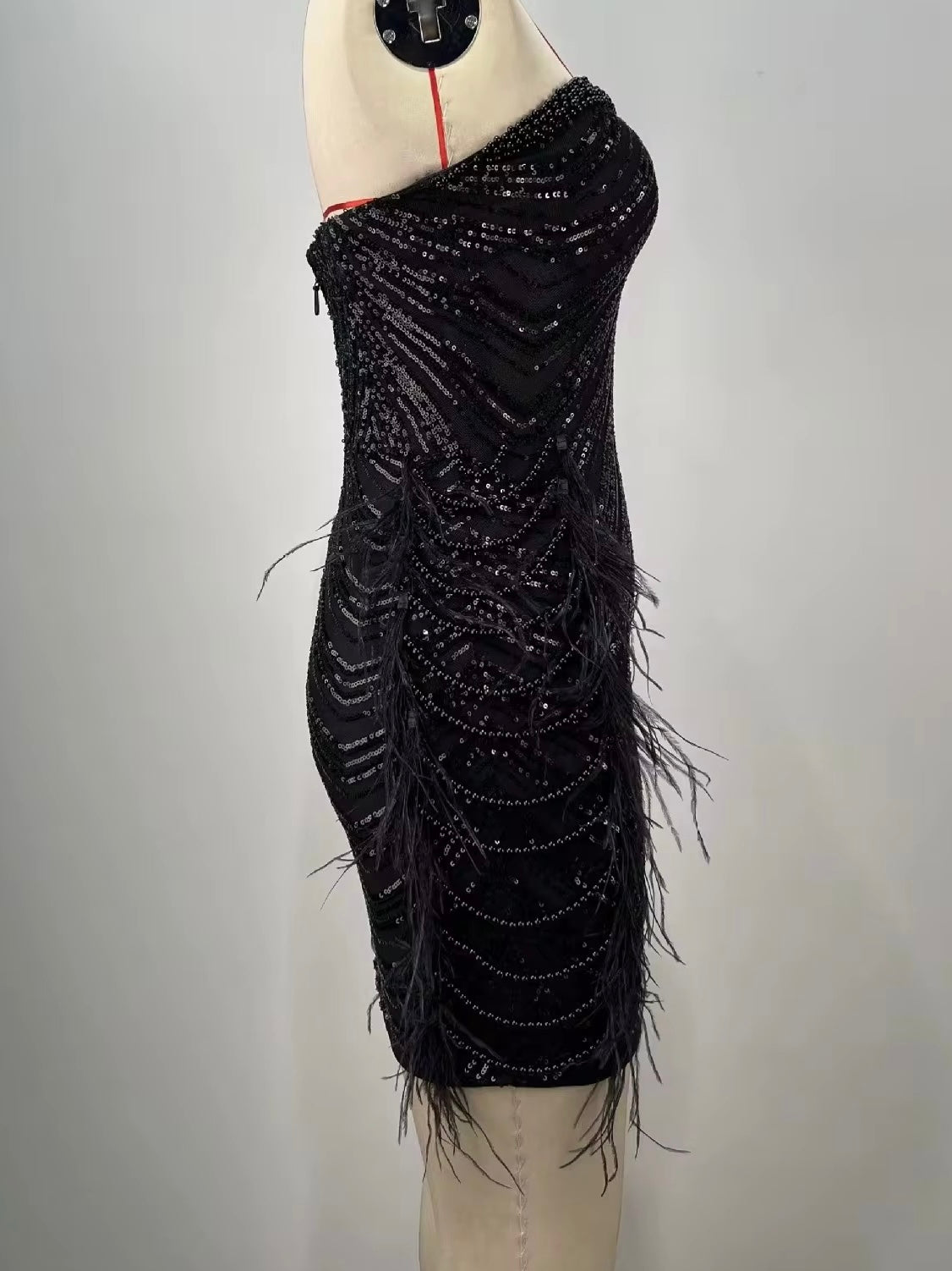 Marishka Black Strapless Sequin Bead and Feather Embellished Mini Dress