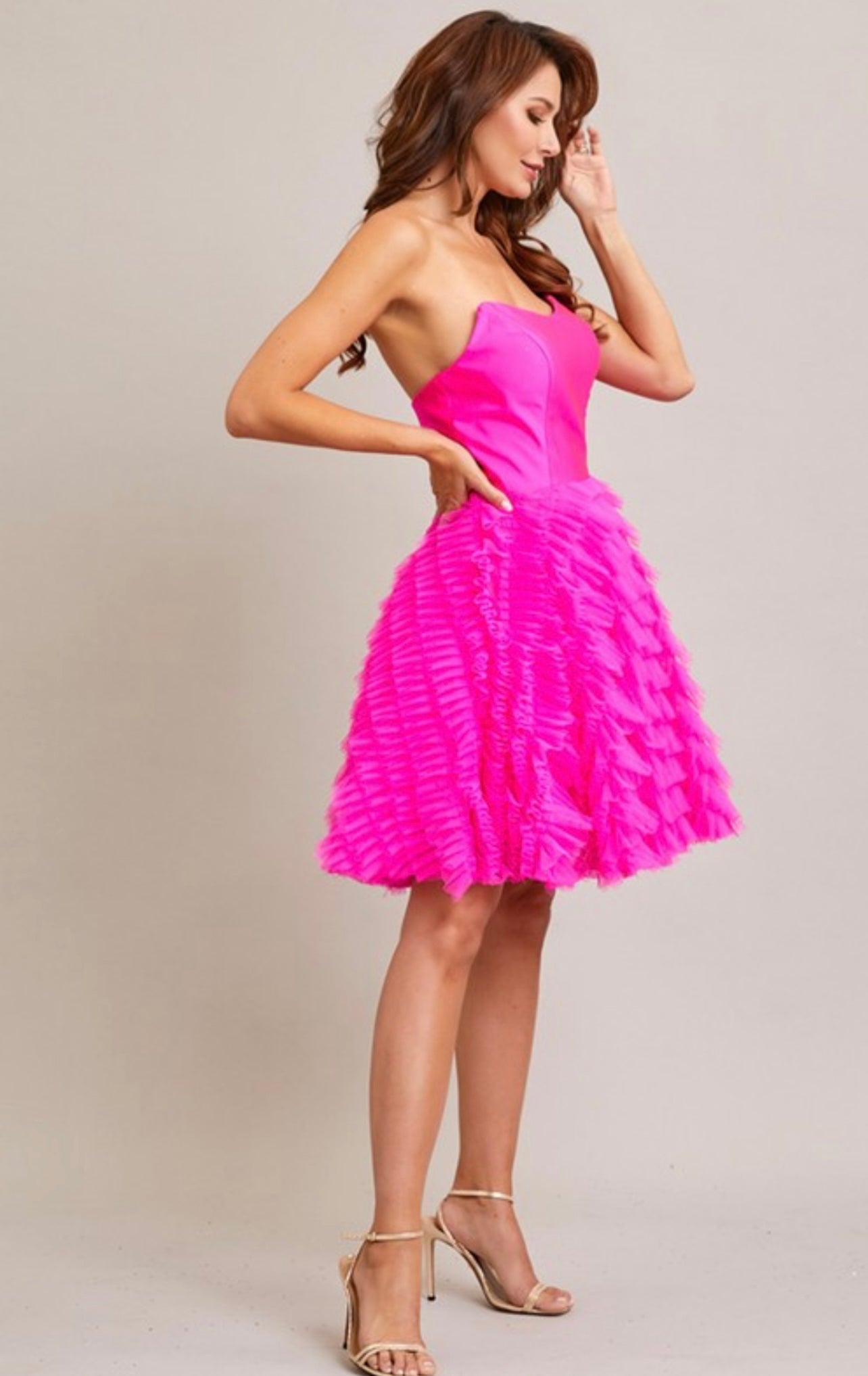 Kylie Hot Pink Pointed Corset Ruffled Tulle Mini Dress