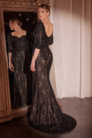 Maci 3/4 Sleeve Beaded Gown with Detachable Overskirt