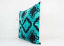 Handmade Teal and Black Ikat Silk/Velvet Pillowcase 20"x20"