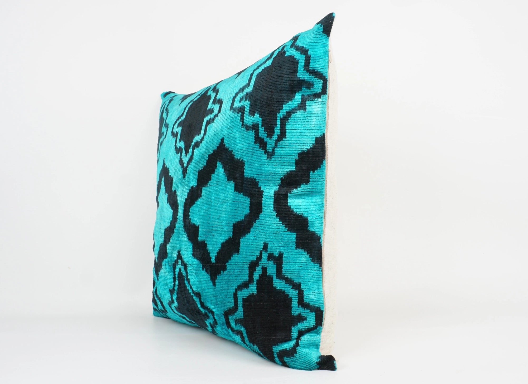Handmade Teal and Black Ikat Silk/Velvet Pillowcase 20"x20"