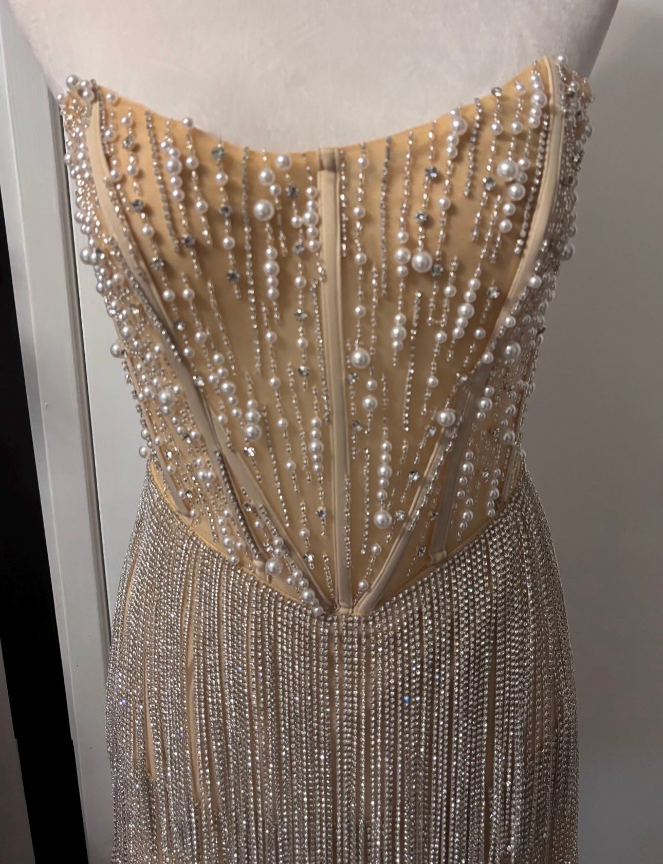 Leia Rhinestone Fringe and Pearl Embellished Mini Dress