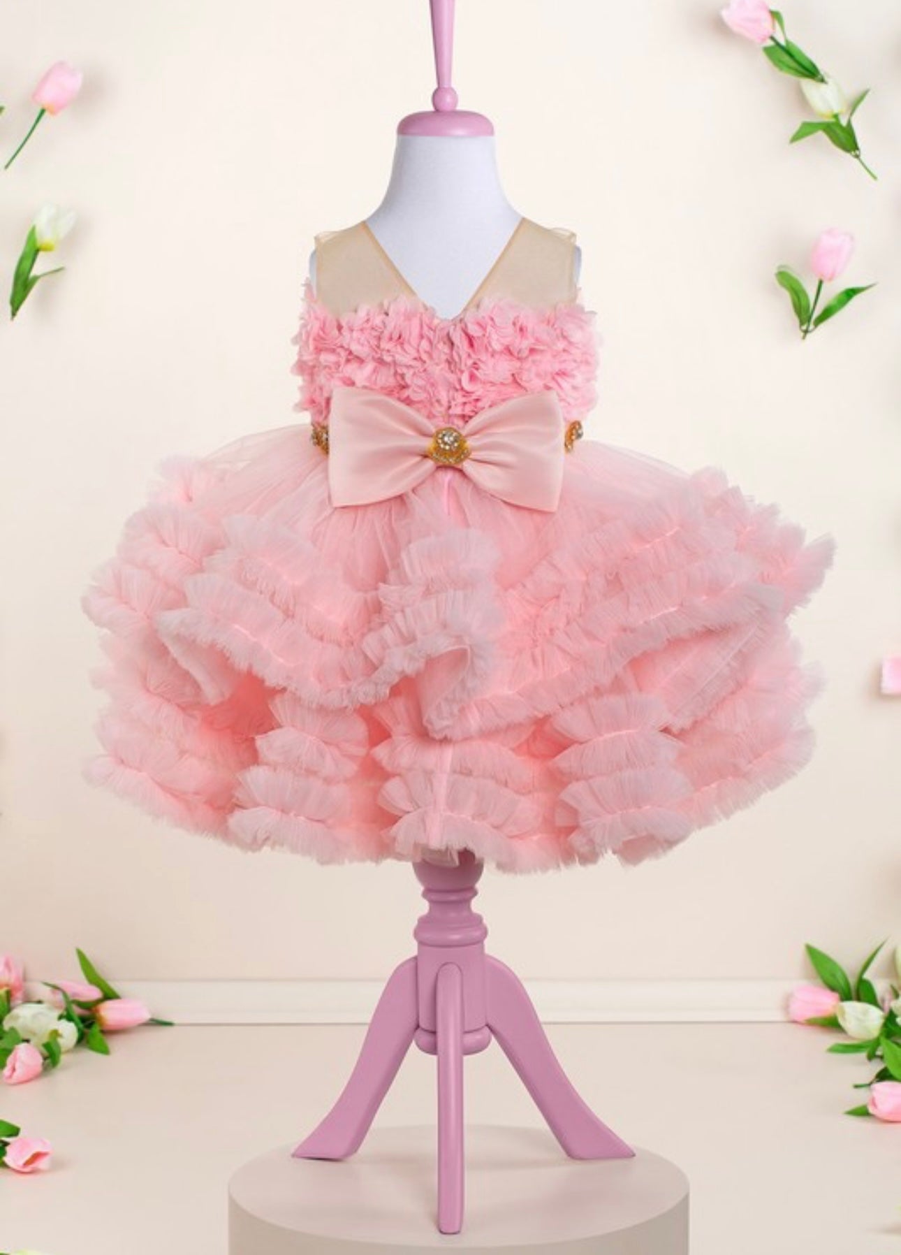 Emma Girls 3D Floral and Tulle Ruffle ALine Puff Mini Dress