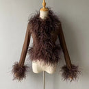 Cassie Sheer Long Sleeve Cardigan with Feather Collar and Sleeve Trim